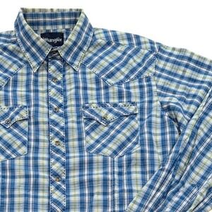 Wrangler Blue Plaid‎ Western Shirt Long Sleeve Snap Button Exposed Stich Men's L
